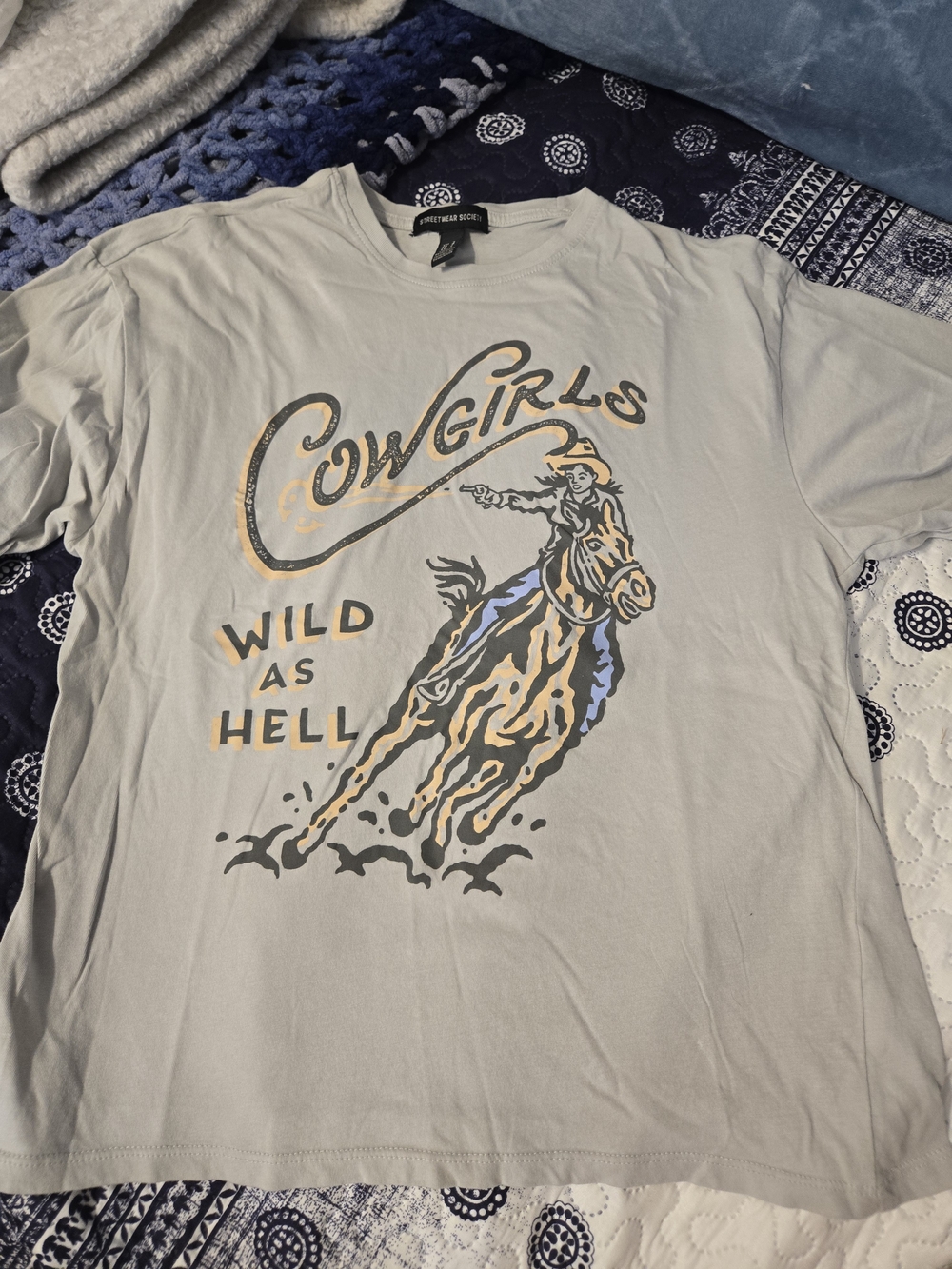 Streetwear Society Cowgirls Graphic Tee - Light Gray, Blue, Tan